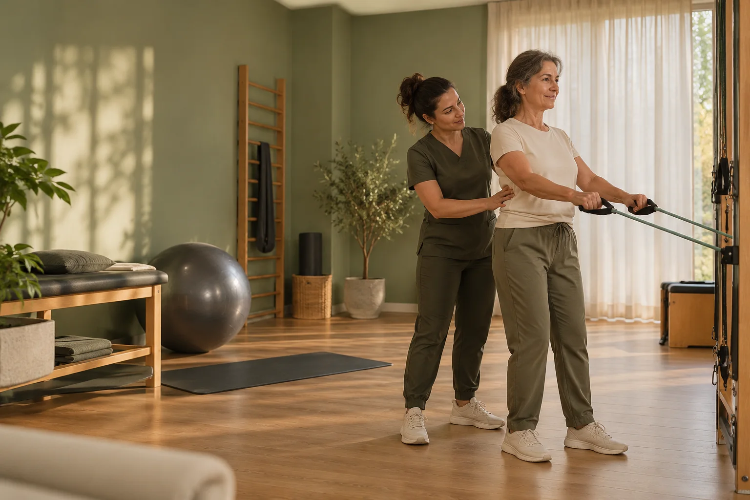 Cena ilustrativa de exercícios com orientação de uma fisioterapeuta